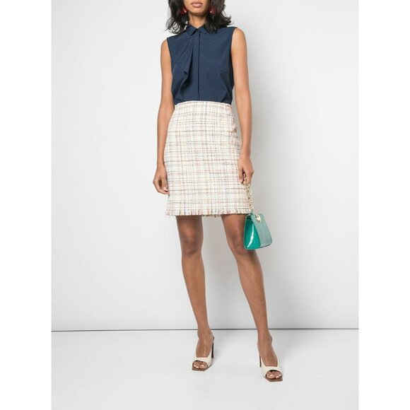 Akris Punto Lurex Fringed Hem Tweed Skirt Cream Multicolor Career US Size 12 NEW - Picture 1 of 11